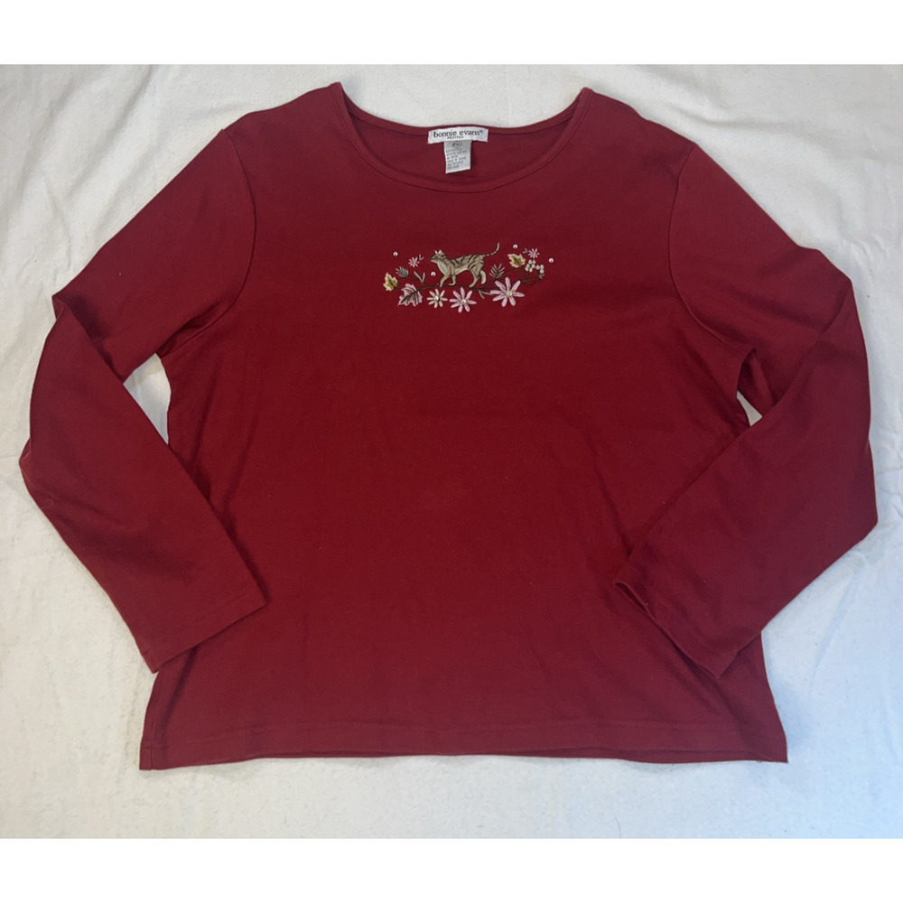 Bonnie Evans Petite Long Sleeve Pullover Dark Red Embroidered Cat Flowers XLarge